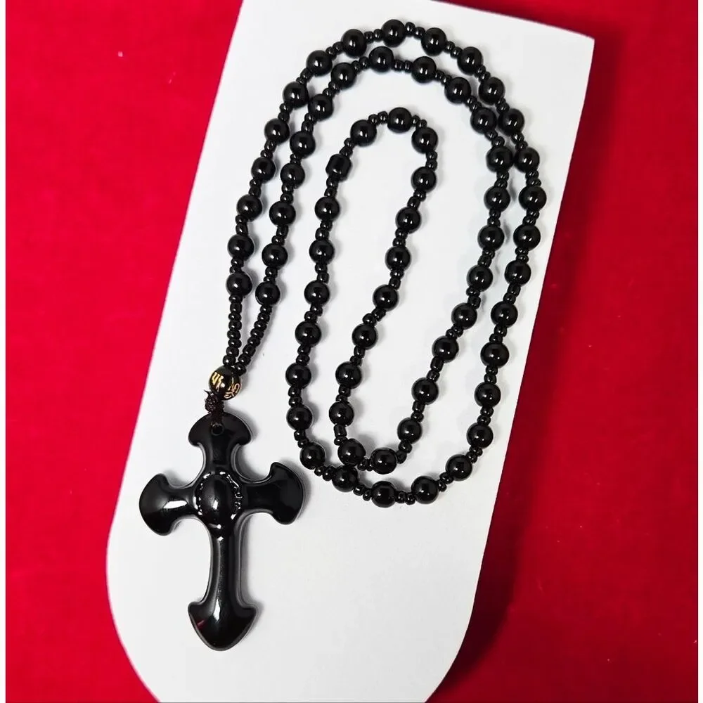 Black Obsidian Cross Beaded Necklace Streetwear Faith Pendant Jewelry Unisex 25